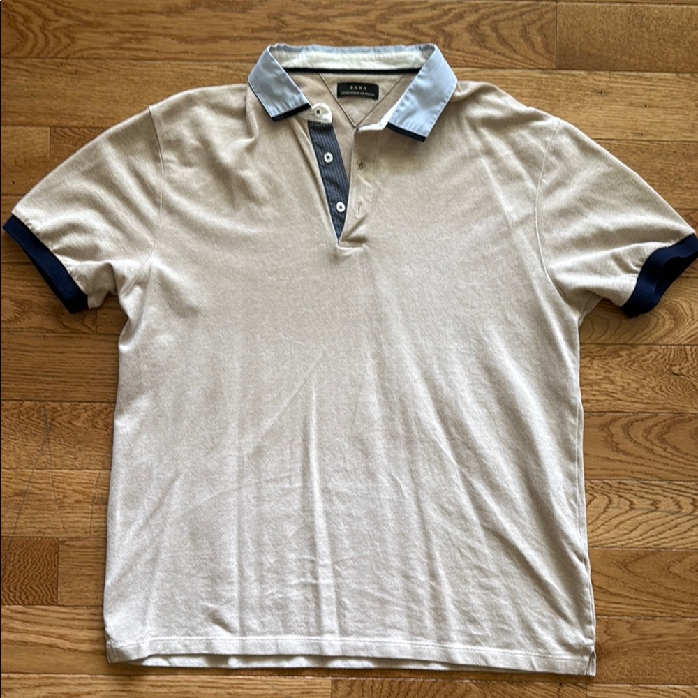 Zara Cream and Blue Polo Shirt Classic Style